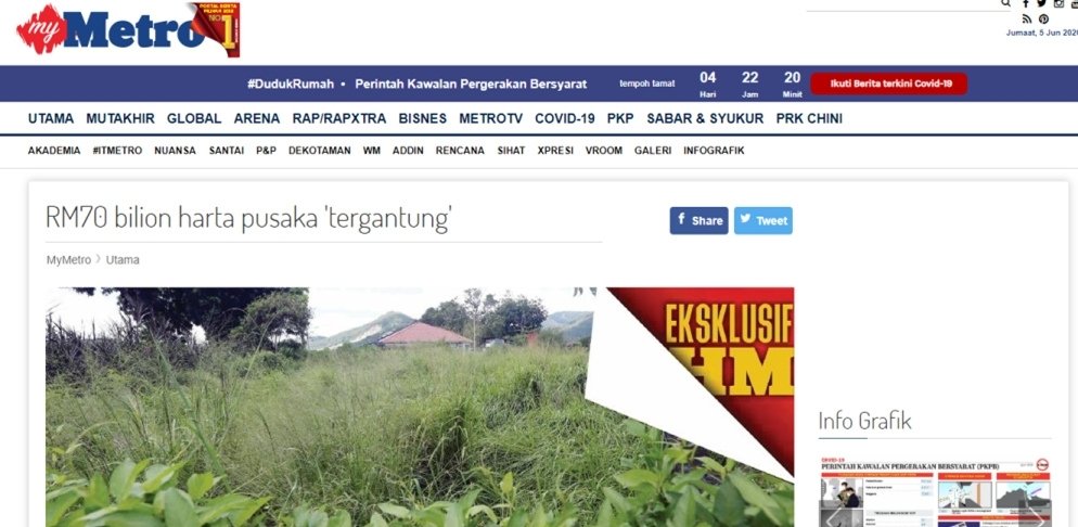 RM70 Bilion Harta Pusaka Tergantung - Metro News Article
